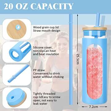 20 Oz Glass Water Tumble with Straw and Lid, Bamboo Lids Water Bottle, Wide Mouth Smoothie Cups, Reusable Iced Coffee Cup Straw Silicone Protective Sleeve for Office Daily Life Home, 3 Packs