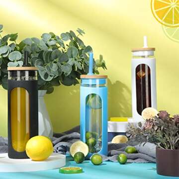 20 Oz Glass Water Tumble with Straw and Lid, Bamboo Lids Water Bottle, Wide Mouth Smoothie Cups, Reusable Iced Coffee Cup Straw Silicone Protective Sleeve for Office Daily Life Home, 3 Packs