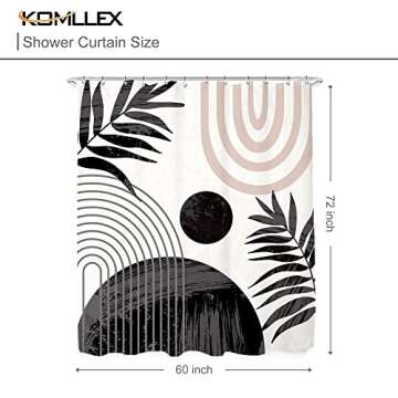 KOMLLEX Abstract Boho Mid Century Shower Curtain Modern Minimalist Tropical Plant Leaves Geometric Pink Rainbow Arch Neutral Waterproof Polyester 12 Pack Hooks Black 60Wx72H Inches Bathroom Decor