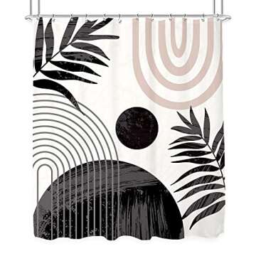 KOMLLEX Abstract Boho Mid Century Shower Curtain Modern Minimalist Tropical Plant Leaves Geometric Pink Rainbow Arch Neutral Waterproof Polyester 12 Pack Hooks Black 60Wx72H Inches Bathroom Decor