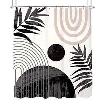 KOMLLEX Abstract Boho Mid Century Shower Curtain Modern Minimalist Tropical Plant Leaves Geometric Pink Rainbow Arch Neutral Waterproof Polyester 12 Pack Hooks Black 60Wx72H Inches Bathroom Decor