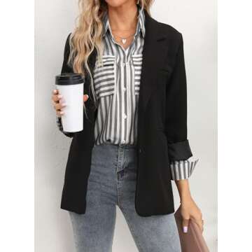 OMSJ Women's Striped Button Down Shirts Casual Long Sleeve Stylish V Neck Blouses Tops with Pockets (M, Black)