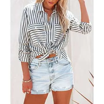 Stylish OMSJ Women's Striped Button Down Shirt with Pockets