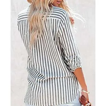 Stylish OMSJ Women's Striped Button Down Shirt with Pockets
