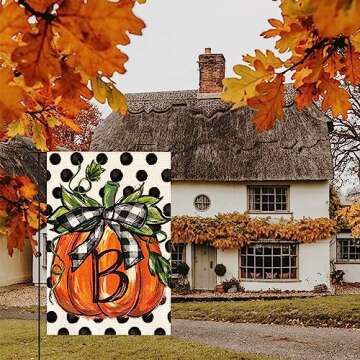 AVOIN colorlife Fall Monogram Letter B Garden Flag Polka Dot Pumpkin 12x18 Inch Double Sided Outside, Small Burlap Family Last Name Initial Yard Decoration