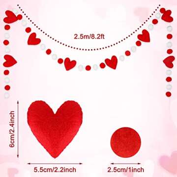 Whaline 8.2Ft Valentine's Day Felt Ball Garland - Red Heart Banner With White Pom Pom Balls - Romant...