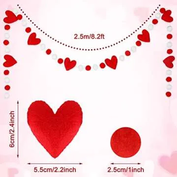 Whaline 8.2Ft Valentine's Day Felt Ball Garland - Red Heart Banner With White Pom Pom Balls - Romant...
