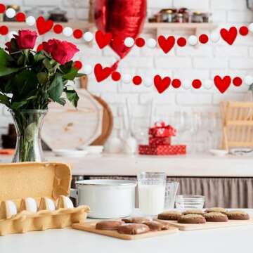 Whaline 8.2Ft Valentine’s Garlands With Hearts and Pom Poms