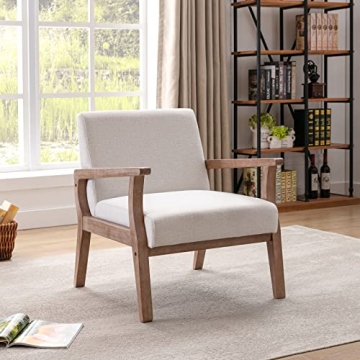 Wahson Oversized Living Room Chairs, Linen Upholstered Mid Century Modern Chair with Natural Wood Frame, Comfortable Farmhouse Accent Chair for Bedroom, Beige
