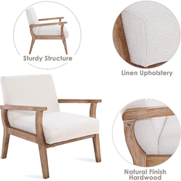 Wahson Oversized Living Room Chairs, Linen Upholstered Mid Century Modern Chair with Natural Wood Frame, Comfortable Farmhouse Accent Chair for Bedroom, Beige