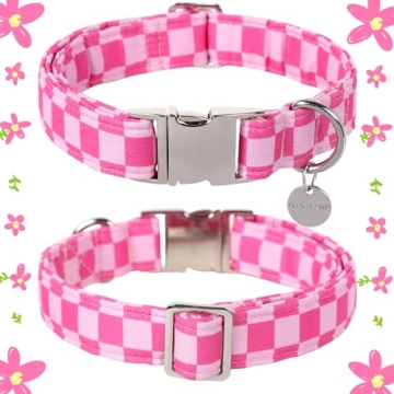 UP URARA PUP Adjustable Summer Dog Collar - Cute Pink Plaid Design with Metal Buckle for Any Dog