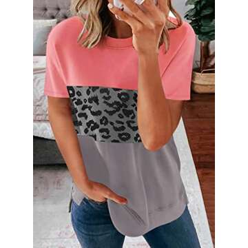 EVALESS Women's Causal Summer Round Neck Short Sleeves Tops Fashion Color Block Leopard Print Loose Soft Basic T-Shirt Blouse,Red S