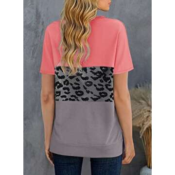 EVALESS Women's Causal Summer Round Neck Short Sleeves Tops Fashion Color Block Leopard Print Loose Soft Basic T-Shirt Blouse,Red S