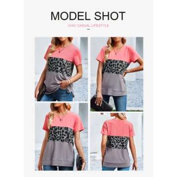 EVALESS Women's Causal Summer Round Neck Short Sleeves Tops Fashion Color Block Leopard Print Loose Soft Basic T-Shirt Blouse,Red S