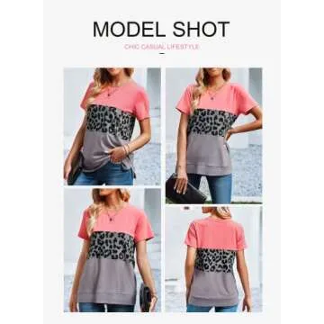EVALESS Women's Causal Summer Round Neck Short Sleeves Tops Fashion Color Block Leopard Print Loose Soft Basic T-Shirt Blouse,Red S