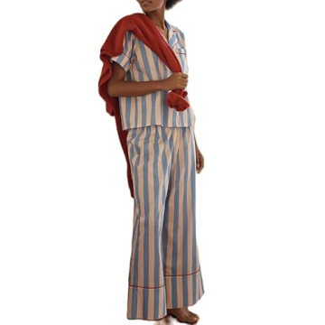 ROAONOCOMO Women Striped 2 Piece Pajama Set Long Sleeve Button Down Blouse Gingham Wide Leg Lounge P...