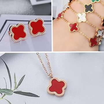 HighSpark Clover Necklace Pendant Earring Bracelet Set | Clover Necklaces for Women with Pendant Earring Bracelet make a Jewelry Set | Lovely Gift - Red