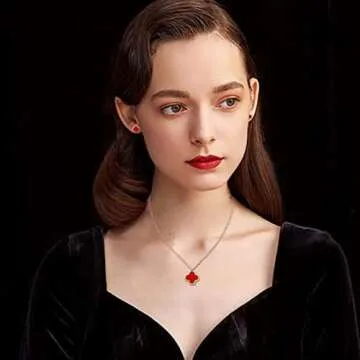 HighSpark Clover Necklace Pendant Earring Bracelet Set | Clover Necklaces for Women with Pendant Earring Bracelet make a Jewelry Set | Lovely Gift - Red