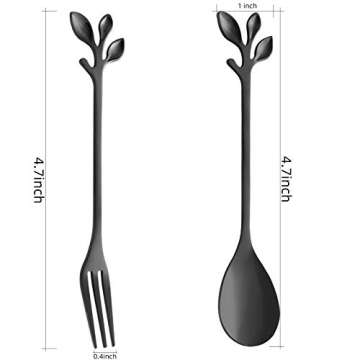 AnSaw 10-Pc Black Mini Spoons & Forks Set, 4.7" - Stainless Steel, Leaf Handle, Ideal for Coffee,Tea...