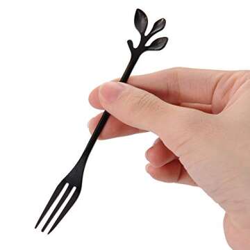 AnSaw 10-Pc Black Mini Spoons & Forks Set, 4.7" - Stainless Steel, Leaf Handle, Ideal for Coffee,Tea, Appetizers, Tastings, Parties, Charcuterie & Cocktails