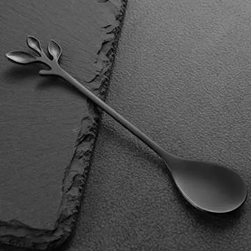 AnSaw 10-Pc Black Mini Spoons & Forks Set, 4.7" - Stainless Steel, Leaf Handle, Ideal for Coffee,Tea, Appetizers, Tastings, Parties, Charcuterie & Cocktails