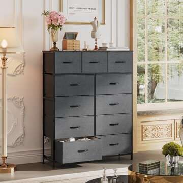 WLIVE Tall Dresser for Bedroom, Fabric Dresser Storage Tower, Dresser & Chest of Drawers Organizer Unit with 11 Drawers, Storage Cabinet, Hallway, Closets, Steel Frame, Wood Top