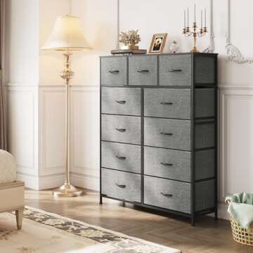 WLIVE Tall Dresser for Bedroom, Fabric Dresser Storage Tower, Dresser & Chest of Drawers Organizer Unit with 11 Drawers, Storage Cabinet, Hallway, Closets, Steel Frame, Wood Top