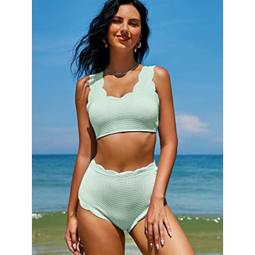 ZAFUL Women's Scalloped Textured Swimwear High Waisted Wide Strap Adjustable Back Lace-up Bikini Set Swimsuit Mint Green 2XL