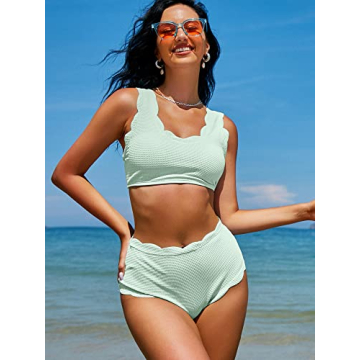 ZAFUL Women's Scalloped Textured Swimwear High Waisted Wide Strap Adjustable Back Lace-up Bikini Set Swimsuit Mint Green 2XL