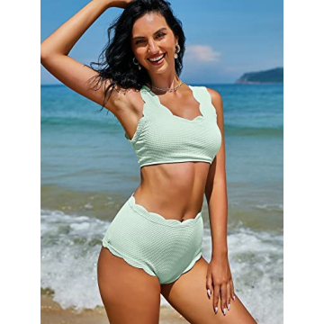 ZAFUL Women's Scalloped Textured Swimwear High Waisted Wide Strap Adjustable Back Lace-up Bikini Set Swimsuit Mint Green 2XL