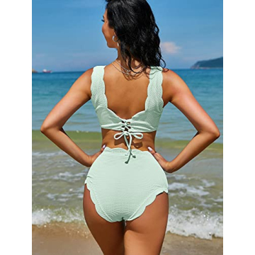 ZAFUL Women's Scalloped Textured Swimwear High Waisted Wide Strap Adjustable Back Lace-up Bikini Set Swimsuit Mint Green 2XL