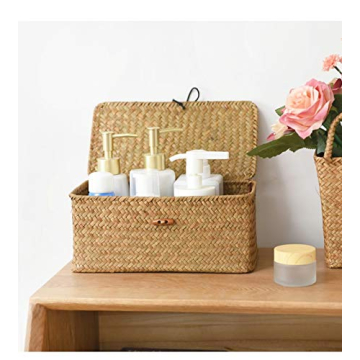 DOKOT Seagrass Storage Basket with Lid for Home Organizing