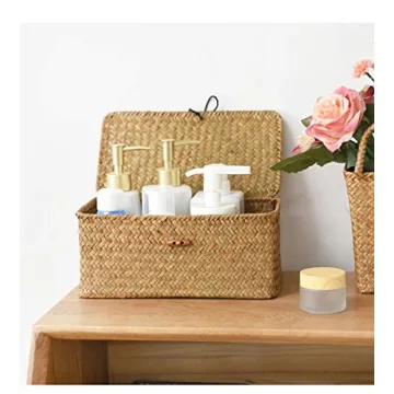 DOKOT Seagrass Storage Basket with Lid for Home Organizing