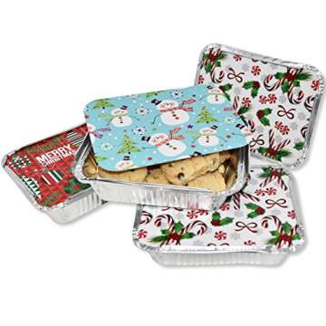 Gift Boutique 36 Count Christmas Tin Foil Containers with Lid Covers For Cookies in 3 Holiday Designs Aluminum Disposable Food Storage Pans For Treat Exchange & Goody Party Leftovers 5"W X 7"L X 1.5"