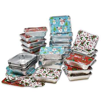 Gift Boutique 36 Count Christmas Tin Foil Containers with Lid Covers For Cookies in 3 Holiday Designs Aluminum Disposable Food Storage Pans For Treat Exchange & Goody Party Leftovers 5"W X 7"L X 1.5"