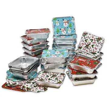 Gift Boutique 36 Count Christmas Tin Foil Containers with Lid Covers For Cookies in 3 Holiday Designs Aluminum Disposable Food Storage Pans For Treat Exchange & Goody Party Leftovers 5"W X 7"L X 1.5"