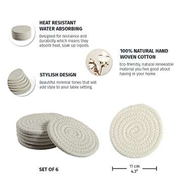 OrganiHaus Set of 6 White Farmhouse Coasters for Coffee Table, 4.3" Aethetic Boho Coasters for Drink...