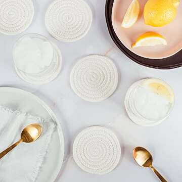 OrganiHaus Set of 6 White Farmhouse Coasters for Coffee Table, 4.3" Aethetic Boho Coasters for Drinks, Absorbent Coasters, Cute Coasters, Moisture Absorbing Coasters, Woven Fabric Cup Coasters