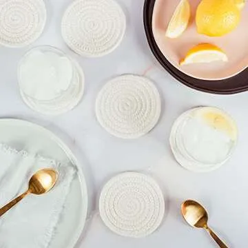 OrganiHaus Set of 6 White Farmhouse Coasters for Coffee Table, 4.3" Aethetic Boho Coasters for Drinks, Absorbent Coasters, Cute Coasters, Moisture Absorbing Coasters, Woven Fabric Cup Coasters