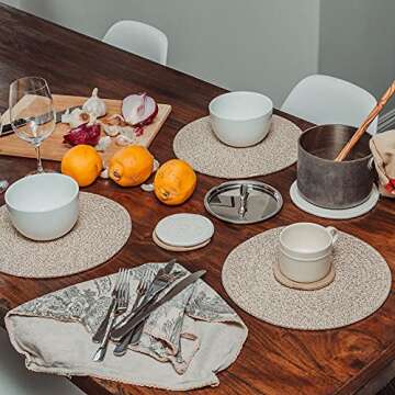 OrganiHaus Set of 6 White Farmhouse Coasters for Coffee Table, 4.3" Aethetic Boho Coasters for Drinks, Absorbent Coasters, Cute Coasters, Moisture Absorbing Coasters, Woven Fabric Cup Coasters