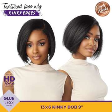 Sensationnel Curls kinksandco kinkyedges wig - kinky bob 9 inch 13x6 lace frontal natural kinkytexture edged hairline for natural 3c to 4c hair textures (1B OFFBLACK)