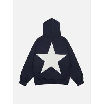 Foidiccx Y2k Hoodie Women Men Graphic Star Hoodies Vintage Aesthetic Pullover Sweatshirt Harajuku Jacket Streetwear Dark Blue