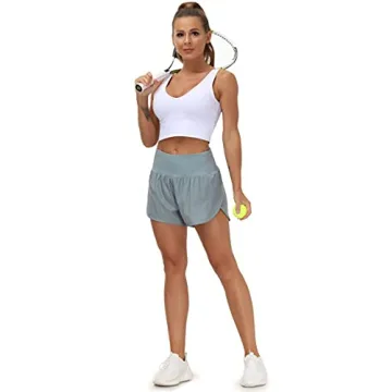 THE GYM PEOPLE Womens High Waisted Running Shorts Quick Dry Athletic Workout Shorts with Mesh Liner Zipper Pockets (Denim Blue, X-Large)