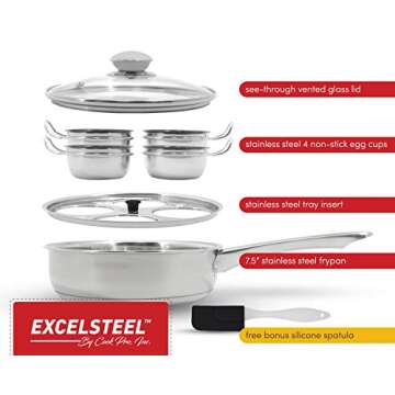 EXCELSTEEL Non Stick Easy Use Rust Resistant Home Kitchen Breakfast Brunch Induction Cooktop Egg Poacher, 4 Cups, 18/10 Stainless Steel