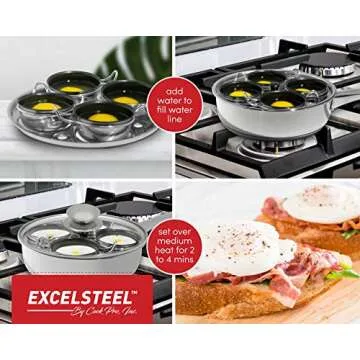 EXCELSTEEL Non Stick Easy Use Rust Resistant Home Kitchen Breakfast Brunch Induction Cooktop Egg Poacher, 4 Cups, 18/10 Stainless Steel