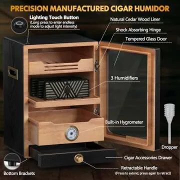 Tesonway Cigar Humidor, Desktop Cigar Humidor Cabinet Light Control System with Spanish Cedar Wood S...