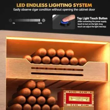 Tesonway Cigar Humidor, Desktop Cigar Humidor Cabinet Light Control System with Spanish Cedar Wood Shelves, Hygrometer, 3 Humidifiers and Cigar Accessories Drawer, Father's Day Gift for Men (Black)