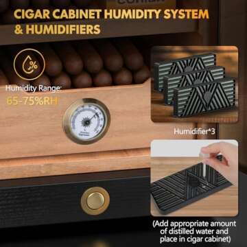 Tesonway Cigar Humidor, Desktop Cigar Humidor Cabinet Light Control System with Spanish Cedar Wood Shelves, Hygrometer, 3 Humidifiers and Cigar Accessories Drawer, Father's Day Gift for Men (Black)