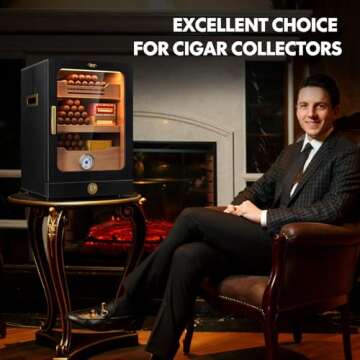 Tesonway Cigar Humidor, Desktop Cigar Humidor Cabinet Light Control System with Spanish Cedar Wood Shelves, Hygrometer, 3 Humidifiers and Cigar Accessories Drawer, Father's Day Gift for Men (Black)