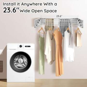Laundry Drying Rack Collapsible,Wall Mounted Clothes Drying Rack Foldable,Indoor Drying Rack Clothing- 23.6" Wide 4 Aluminum Rods 60lb Capacity with Wall Template,Screw,Drill Bit